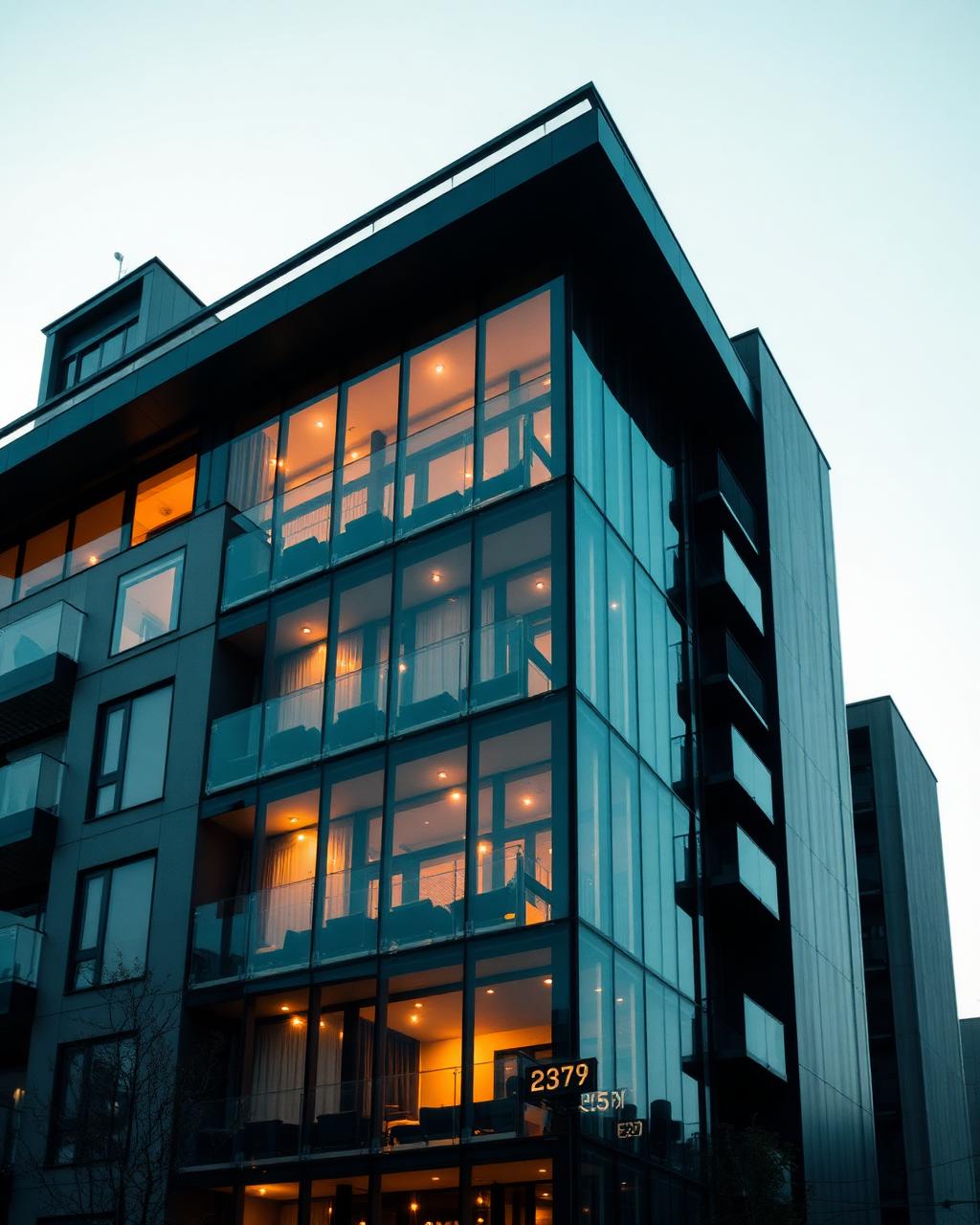 Modern appartementsgebouw met glazen gevel in de schemering